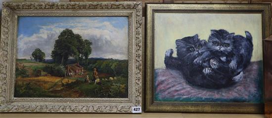 Follower of Ford Madox Brown, oil on canvas, Summer landscape, 29 x 40cm and a sketch after Roner of kittens